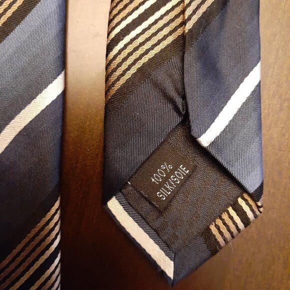Stefano Conti Silk Tie Mens Dark Blue White Tan Stripes - Picture 4 of 4